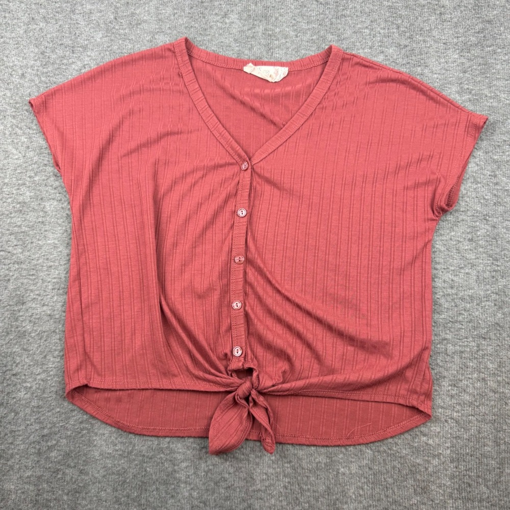Pink Republic Button Front Top Women's XS Baked‎ Apple Red Ribbed Tie Front